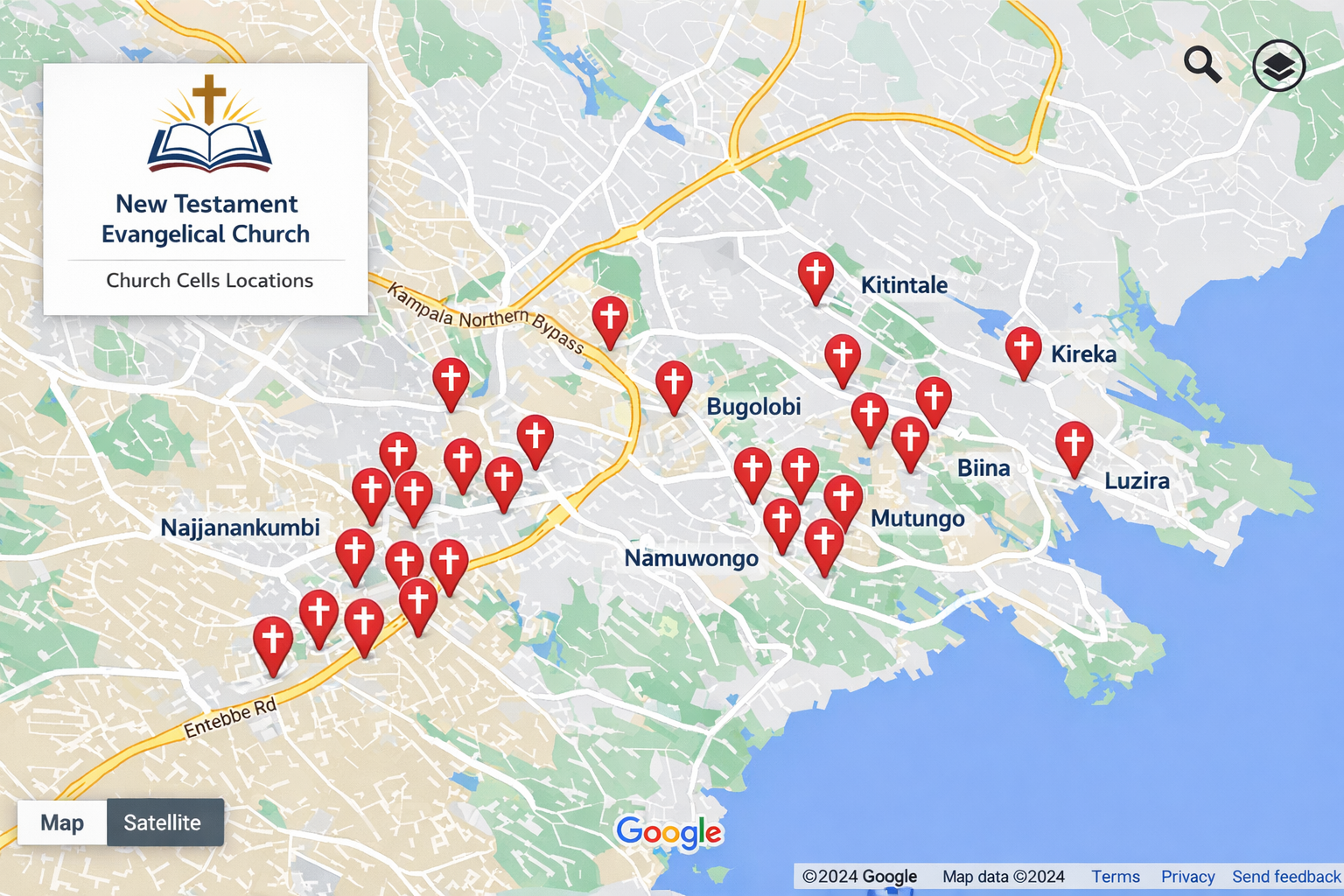 Map of Kampala with cell group locations